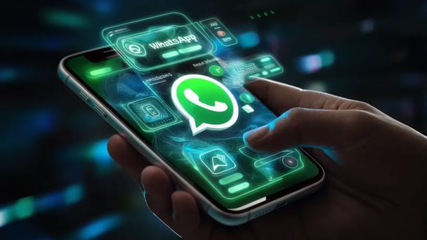 Painel digital futurista em smartphone com recursos inovadores do WhatsApp em tons vibrantes de verde e azul.