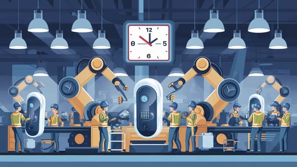 Robôs em linha de montagem fabricando dispositivos modernos sob um relógio digital grande em uma fábrica iluminada.