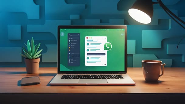 Notebook com interface do WhatsApp em uma mesa, planta à esquerda e xícara de café à direita.