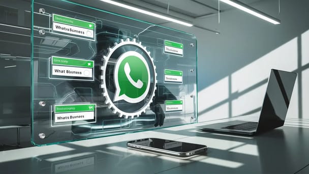 Painel de vidro transparente com mensagens automáticas do WhatsApp Business em escritório moderno.