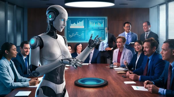 Robô humanoide feminino interagindo com grupo de pessoas ao redor de mesa de conferência com display holográfico futurista.