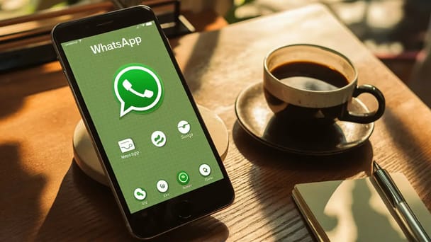 Tela de smartphone com ícones de atalho do WhatsApp, em uma mesa de madeira com café e bloco de notas ao lado.