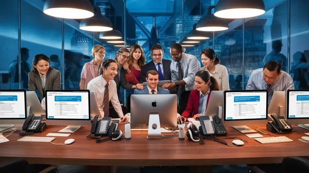 Pessoas diversas em trajes formais colaborando em uma mesa de escritório com monitores e telefones.