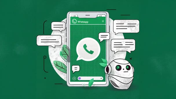 Tela de smartphone mostrando conversa com chatbot de atendimento ao cliente no WhatsApp.