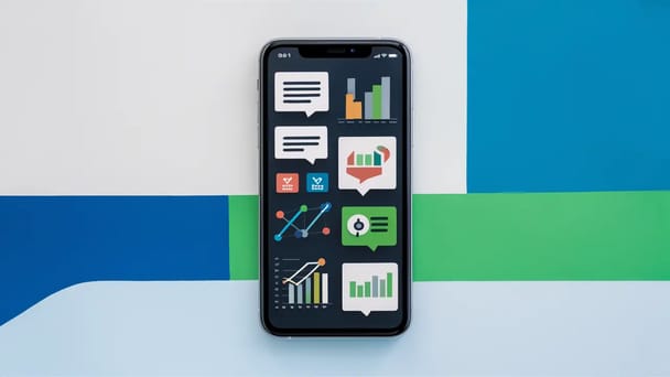 Tela de smartphone com interface de chat colorida, ícones de ferramentas de vendas e gráficos de análise.