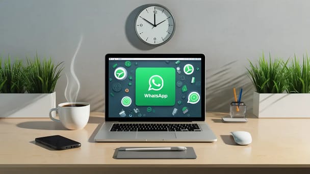 Laptop com WhatsApp Web na tela, cercado por um smartphone, uma caneca de café e plantas verdes em uma mesa de madeira.