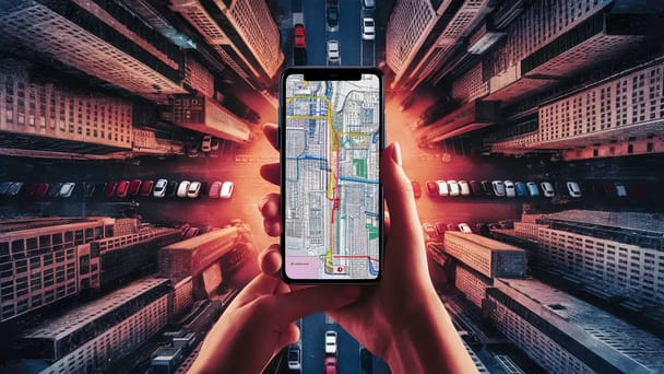 Visão superior de um smartphone exibindo mapa digital detalhado, cercado por prédios altos e carros estacionados na cidade.