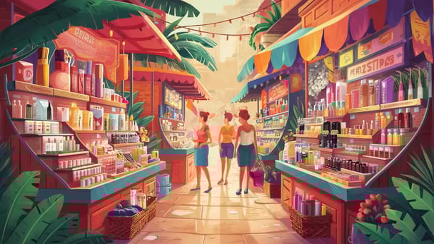 Produtos de beleza variados em embalagens coloridas em um mercado brasileiro cercado por plantas tropicais.