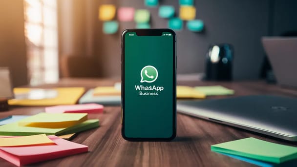 Smartphone com WhatsApp Business aberto, cercado por notas adesivas coloridas e laptop prateado em mesa de escritório.