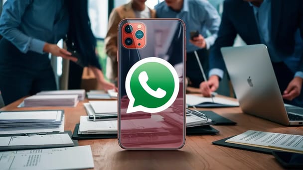 Smartphone transparente com logotipo do WhatsApp em mesa de escritório com documentos e laptop.