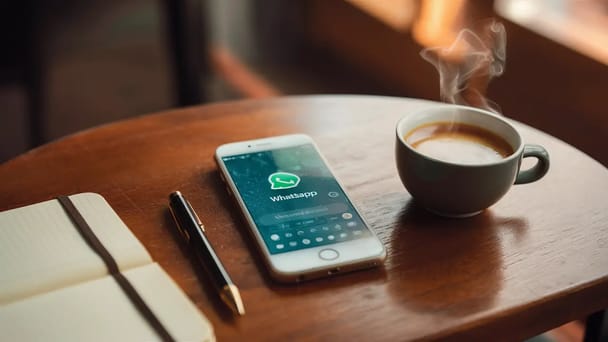 Smartphone com interface do WhatsApp em mesa de café, ao lado de uma xícara de café e caderno com caneta.