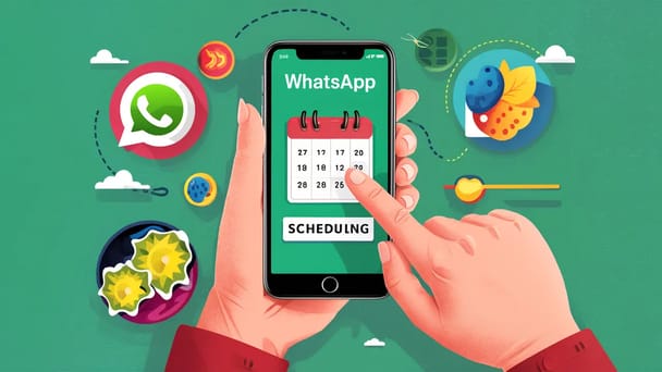 Smartphone com interface WhatsApp e ícone de calendário, mão tocando botão de agendamento em cores vivas.