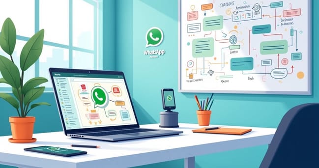 Ilustração de um espaço de trabalho digital com um laptop e elementos relacionados a chatbots do WhatsApp.