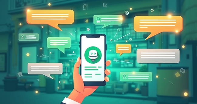 Interface do WhatsApp com respostas automáticas e chatbot; fundo de loja animada, tema de vendas.