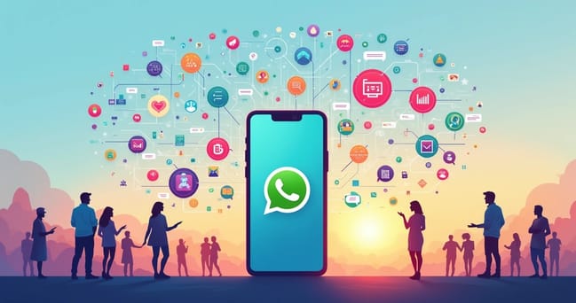 Ilustração de um smartphone com o logo do WhatsApp cercado por dados de marketing personalizado e ícones de interação.