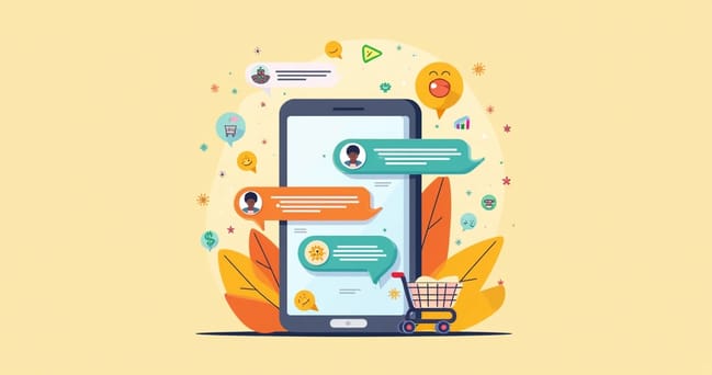 Ilustração de um celular com conversa sobre vendas no WhatsApp, cercado por ícones de compras e interações.