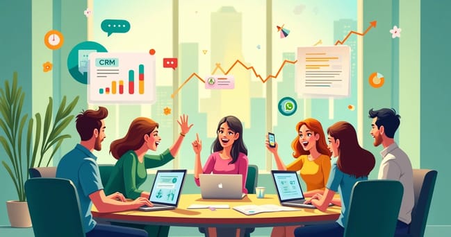 Equipe de vendas diversificada em um escritório moderno usando CRM e WhatsApp, com gráficos de crescimento ao fundo.