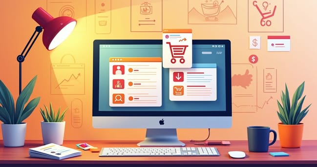 Espaço de trabalho vibrante com computador exibindo notificações personalizadas para e-commerce.