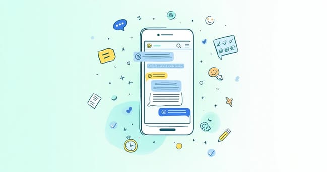 Ilustração de smartphone com mensagens automáticas do WhatsApp em um fundo claro e colorido.