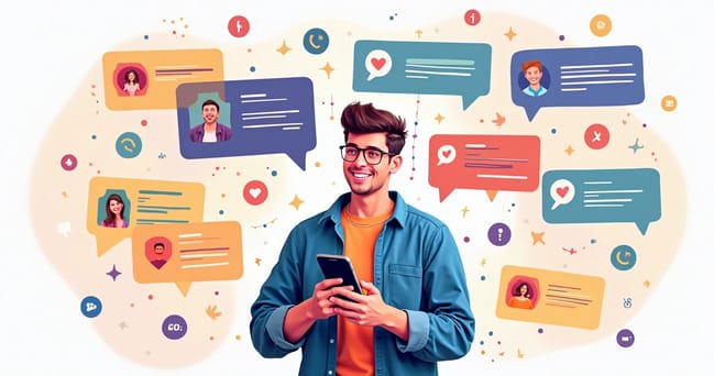 Pessoa interagindo animadamente com smartphone mostrando notificações personalizadas do WhatsApp.
