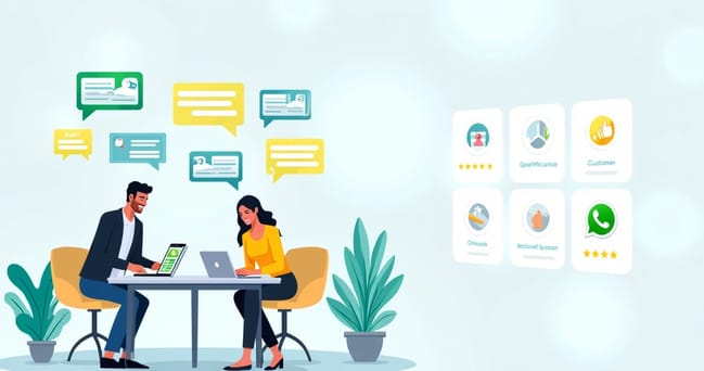 Ilustração de uma equipe trabalhando com notificações do WhatsApp melhorando a experiência do cliente em um escritório moderno.
