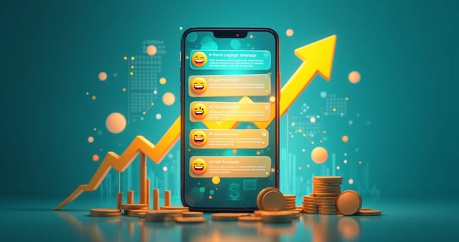 Artística representação de notificações automáticas do WhatsApp gerando vendas, com ícones coloridos e gráfico de vendas.