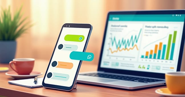 Ilustração de um smartphone com notificações do WhatsApp e um laptop mostrando gráficos de vendas.