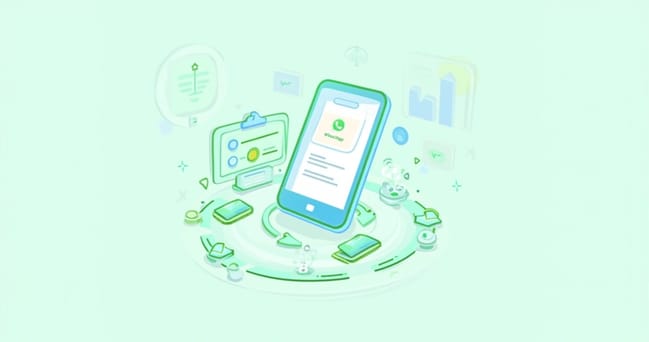 Ilustração de smartphone mostrando o WhatsApp e opções de segmentação de leads com gráficos coloridos.
