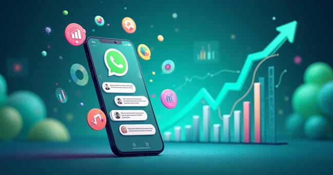 Interface do WhatsApp com gráficos de dados coloridos e ícones de análise, simbolizando vendas e interações.