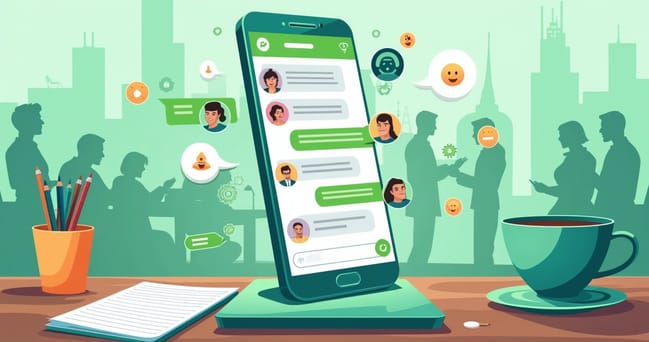 Interface de bate-papo do WhatsApp em um smartphone em um ambiente de trabalho, com temas de automação e interação com clientes.