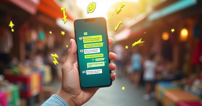 Interface de WhatsApp em um smartphone em um mercado vibrante com produtos variados.
