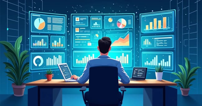 Profissional analisando gráficos de métricas de experiência do cliente em múltiplas telas digitais