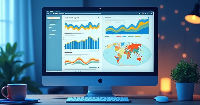 Tela de computador exibindo gráficos coloridos de tendências no Google Trends com mapas de calor e linhas de crescimento