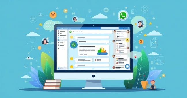 Interface digital mostrando área de membros integrada ao WhatsApp com ícones de mensagens, notificações e gráficos de vendas