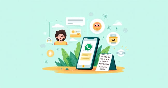 Ilustração colorida de smartphone com mensagens do WhatsApp e um assistente virtual amigável em um ambiente de atendimento.