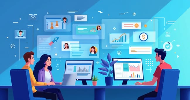 Profissionais usando computadores com interface digital de atendimento ao cliente em fundo azul