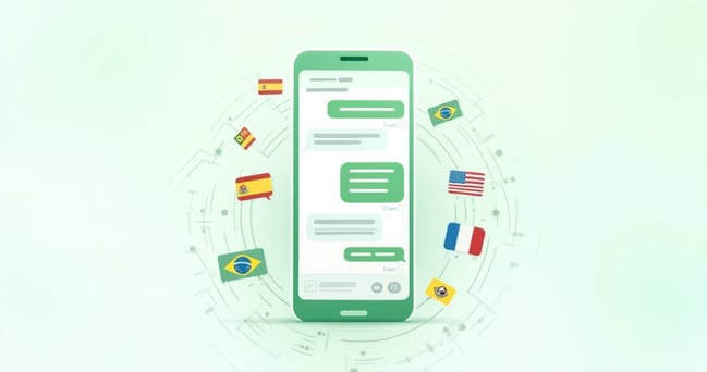 Tela de celular mostrando conversa no WhatsApp em múltiplos idiomas com ícones de bandeiras ao redor