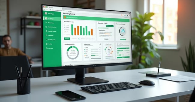 Tela de computador mostrando dashboard de atendimento no WhatsApp com filas e indicadores de SLA inteligentes em gráficos coloridos