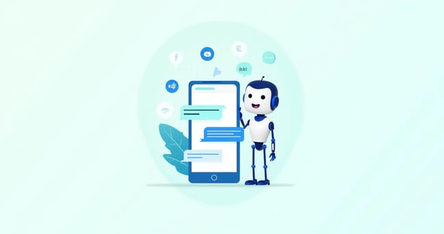 Ilustração de atendimento no WhatsApp com automação, mostrando celular com chat ativo, ícones de mensagens e robô de chatbot
