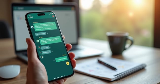 Pessoa utilizando smartphone com tela de WhatsApp exibindo mensagens automatizadas para captação de leads
