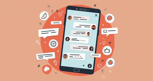 Smartphones exibindo mensagens personalizadas e automação no WhatsApp com gráficos e ícones ao redor