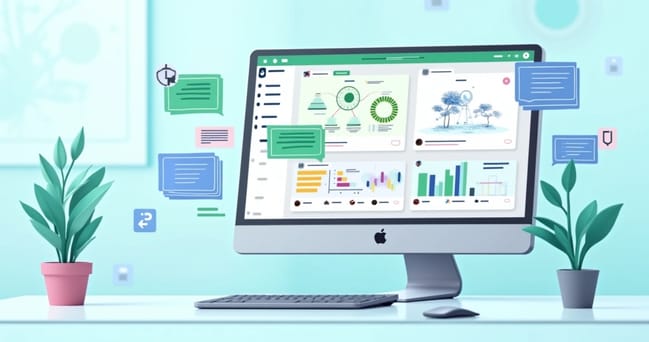 Interface moderna de automação no WhatsApp com chatbots e notificações em um painel digital colorido