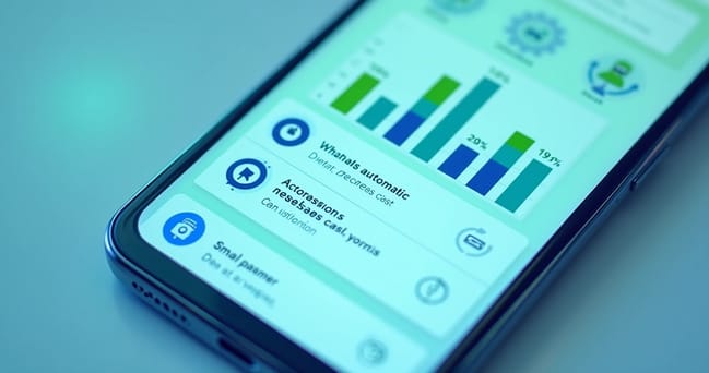 Tela de celular mostrando interface de automação no WhatsApp com gráficos de redução de custos e ícones de mensagens automáticas