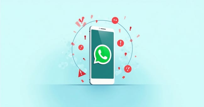 Tela de celular mostrando ícone do WhatsApp com símbolos de alerta e erros ao redor