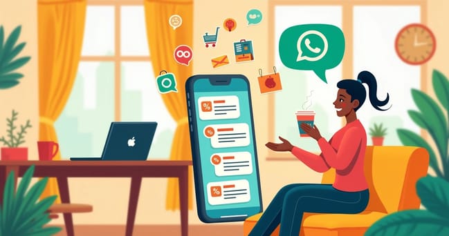Ilustração de um smartphone mostrando uma conversa no WhatsApp com mensagens promocionais, rodeado por ícones de vendas.