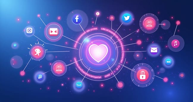Ilustração colorida mostrando múltiplos canais digitais para captar clientes, incluindo redes sociais, e-mail marketing, WhatsApp e automação