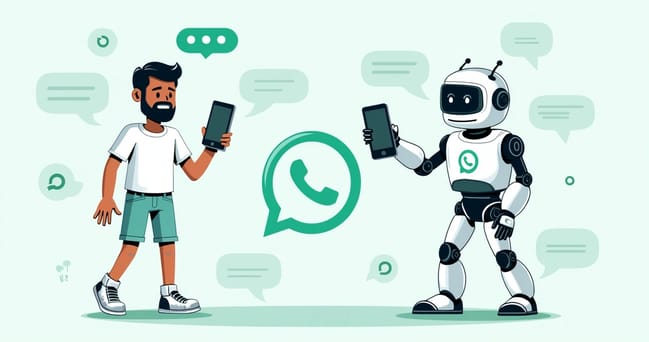 Ilustração de chatbot educativo interagindo com usuários no WhatsApp em dispositivo móvel