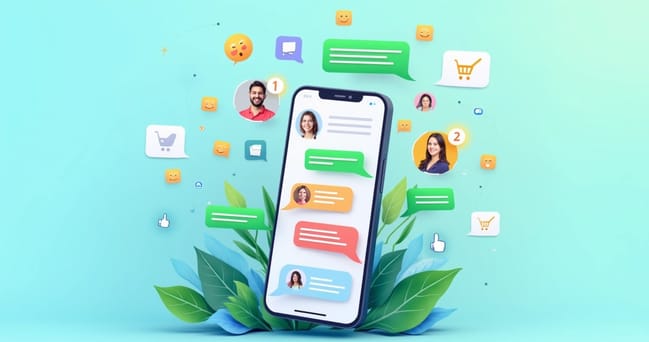 Ilustração de um chatbot do WhatsApp em ação, com interações alegres e ícones de vendas ao redor.