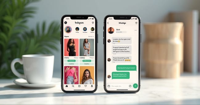 Comparação visual entre Instagram Shopping e WhatsApp Commerce em dispositivos móveis