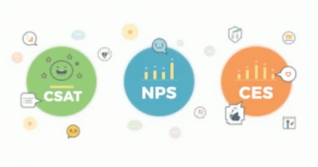 Ilustração com ícones representando CSAT, NPS e CES em um fundo claro. Cada métrica aparece em círculos coloridos distintos, com gráficos e símbolos de satisfação ao redor